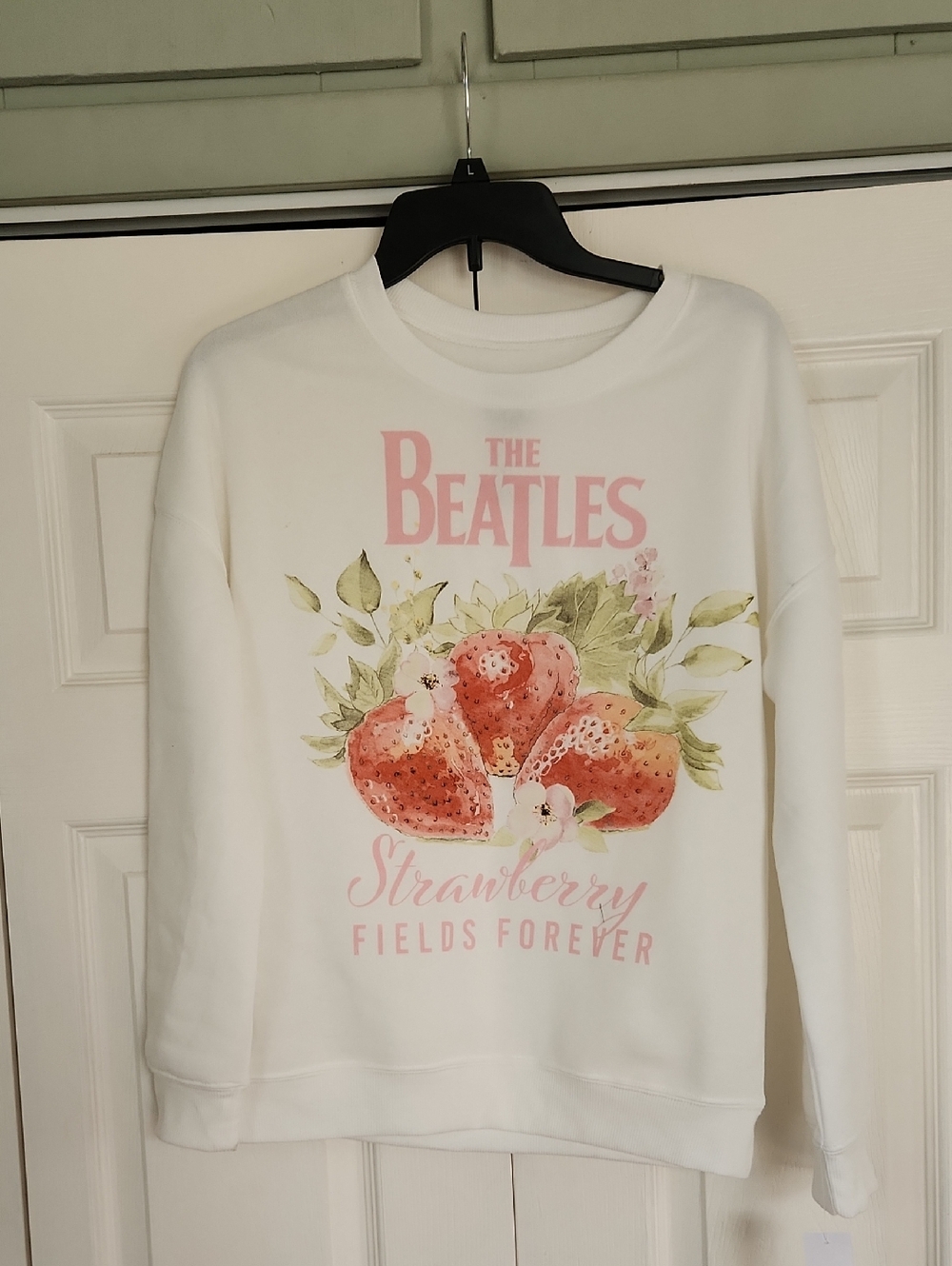 NWT The Beatles White Sweatshirt with Pink Logo and Red Strawberry Graphic